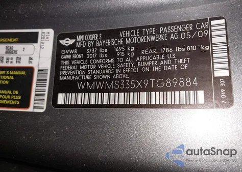 2009 Mini Cooper S z USA, uszkodzony, nr VIN WMWMS335X9TG89884